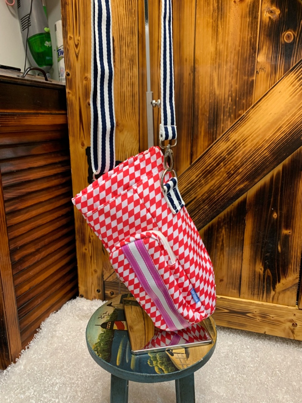 Red & White Checker Crossbody/Water Bottle Bag with Navy Stripe Strap